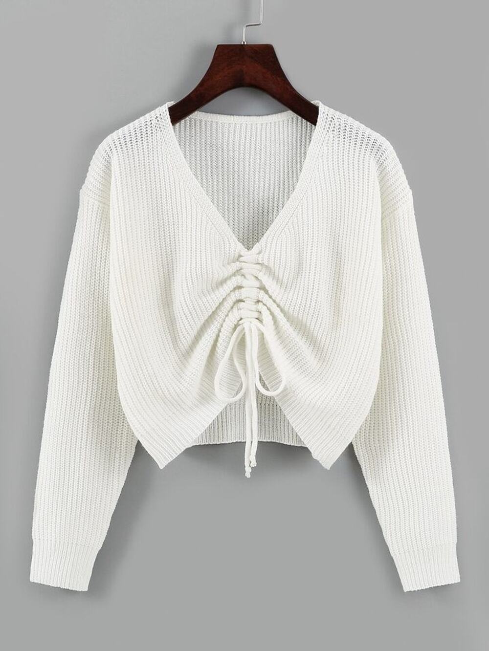 Hollister White Ruched Drawstring Sweater Medium Cropped V Neck Knit Top